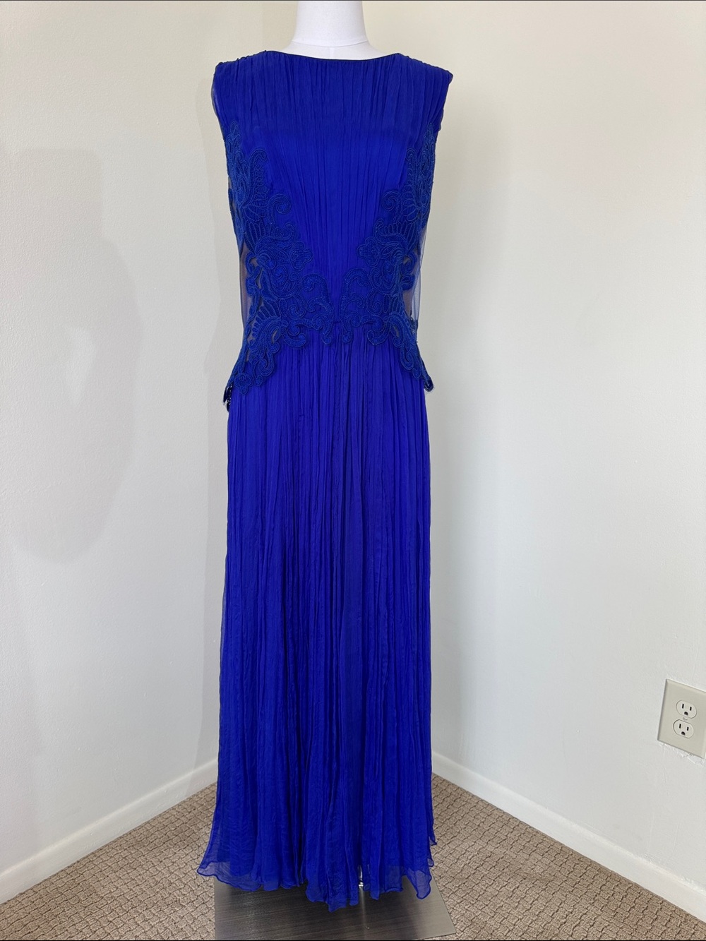 Tadashi Shoji Royal Blue Pleated Chiffon Lace Illusion Maxi Gown Dress Size 14